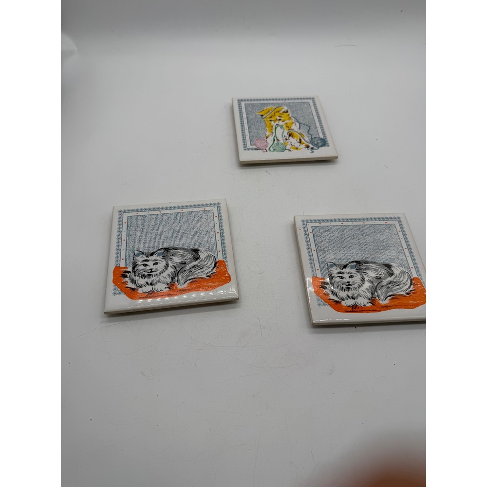 Vintage Cathay Tile Set of 3 Ceramic Cat Kitten Coasters Wall Decor 4.25 Inch